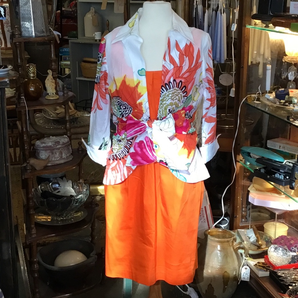 0247 Calvin Klein Orange Midi Dress w/ Mishca Floral Jacket; EUC size 10/M